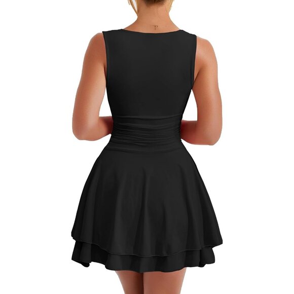 Women's BlackBoat Neck Sleeveless Corset Mini Dress with Ruched Ruffle Hem - Picture 2 of 5